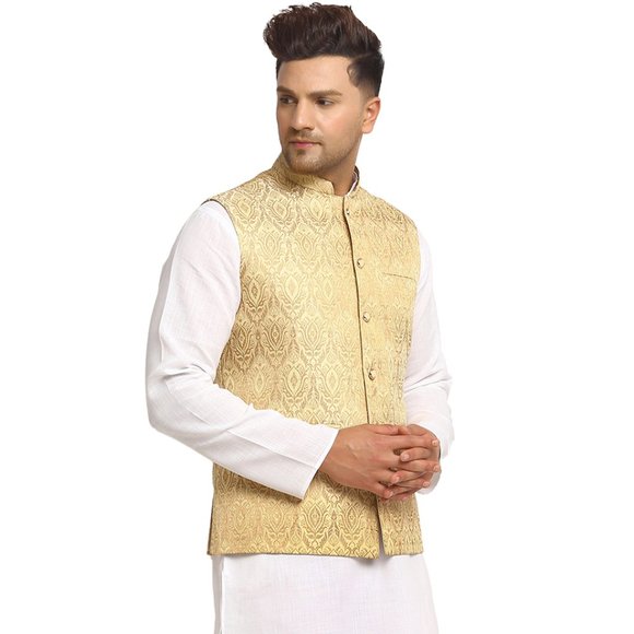 Sleeveless Traditional Brocade Silk Fabric Light Golden Nehru Jacket by Treemoda - Picture 2 of 5